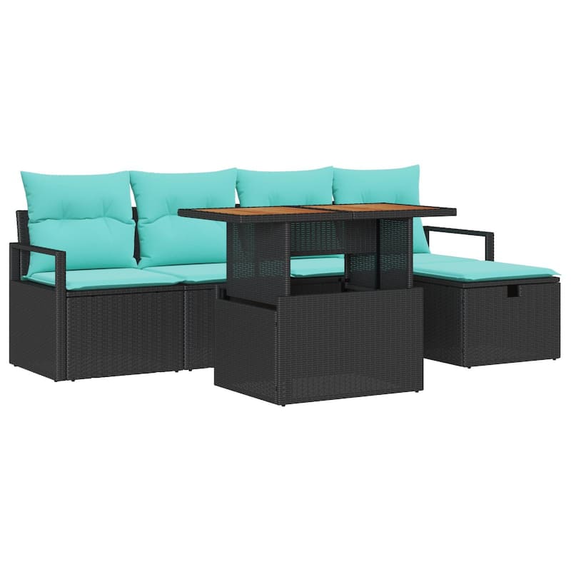 vidaXL 6 Piece Garden Sofa Set with Cushions Black Poly Rattan - 90.6 x 46.1 x 27.2