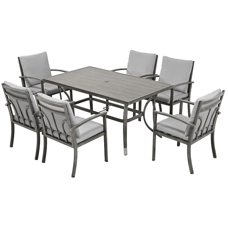 7-Piece Aluminum Patio Dining Set with Table and Washable Light Gray Cushions