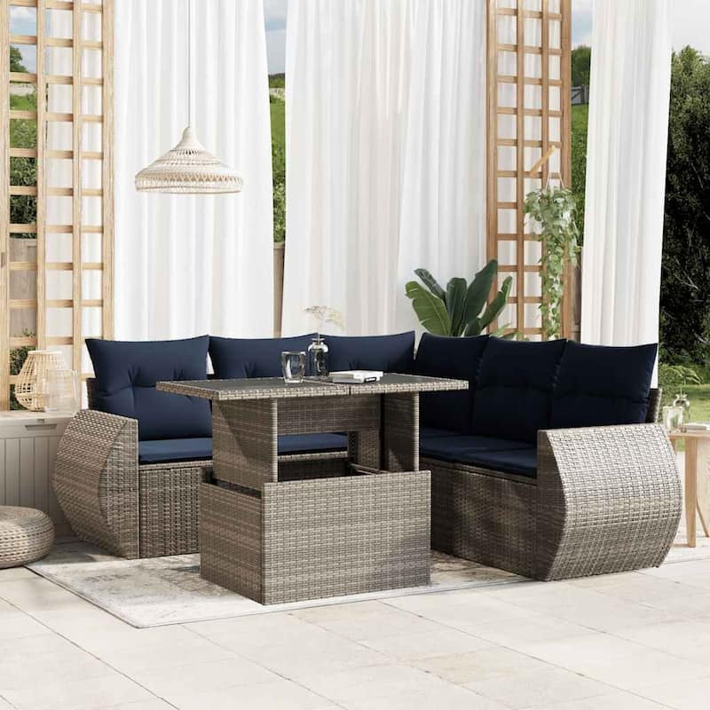 vidaXL Patio Sofa Set with Cushions and Table Outdoor 6 Piece Poly Rattan - 24.4 x 24.4 x 27.2