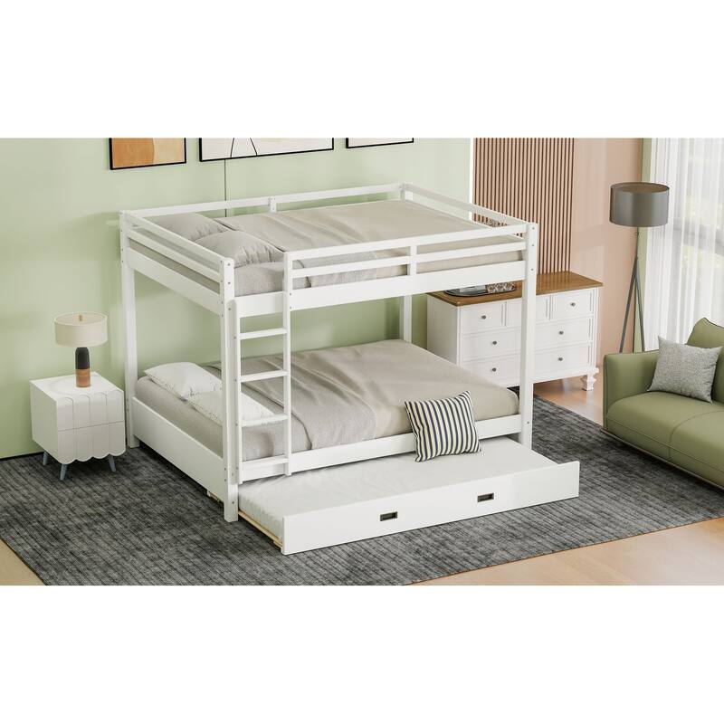 GDFStudio - Solid Wood Queen Bunk Bed with Ladder and Pull-Out Trundle