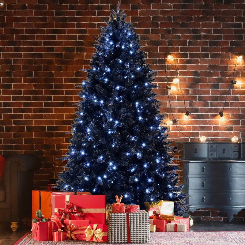 8ft Black Christmas Tree with 600 White LED Lights,2486 Tips PE+PVC Artificial Tree for Halloween&Holiday Decor