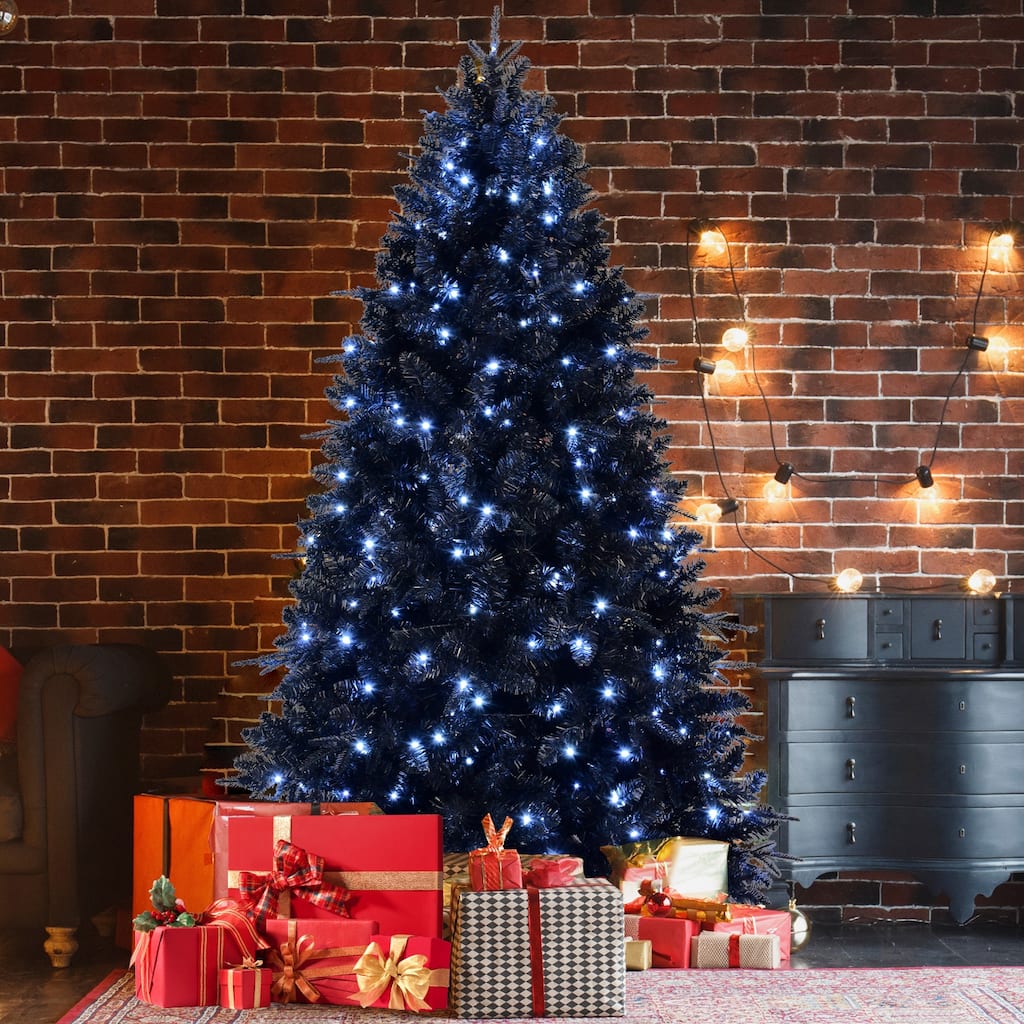 Pre-Lit Black Artificial Christmas Tree - White LED Lights, PE/PVC Branches, Hinged Structure, Metal Stand