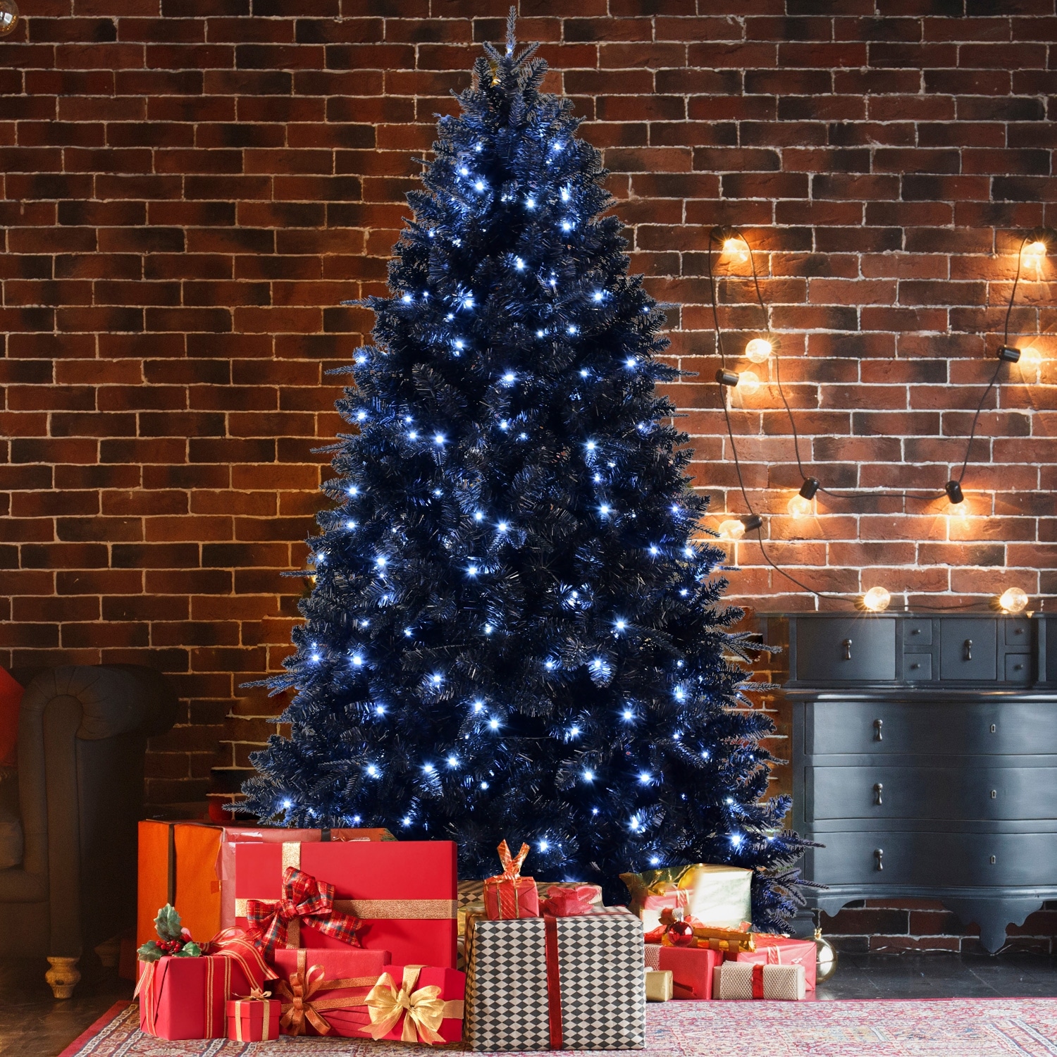 Pre-Lit Black Artificial Christmas Tree - White LED Lights, PE/PVC Branches, Hinged Structure, Metal Stand
