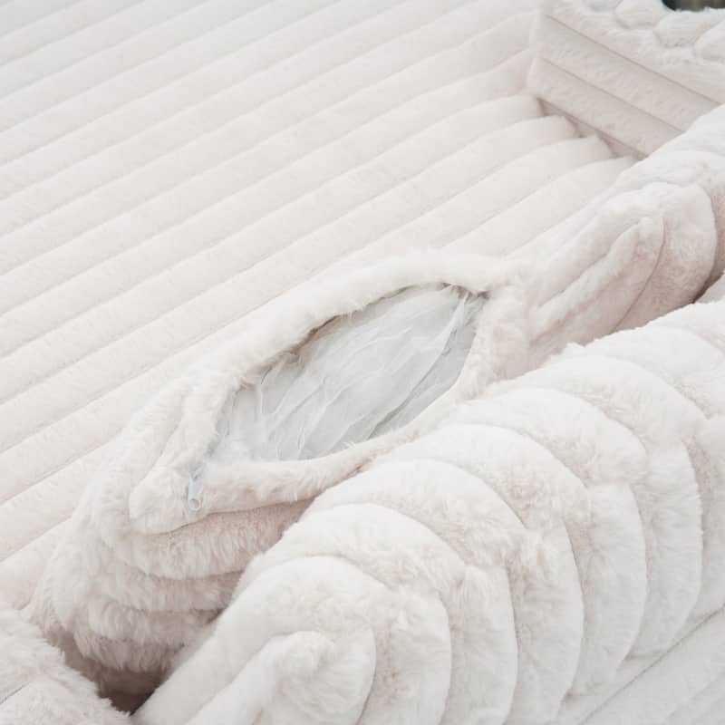 Modern Cream Faux Rabbit Fur Single Chaise Lounge with 2 Cup Holders, 2 Pillows & Solid Wood Frame, Cozy Daybed Sofa Chair