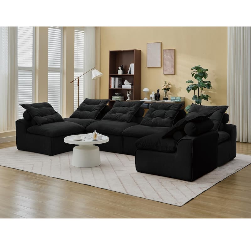 U Shaped Modular Couch for Living Room, 132" Corduroy Upholstered Sofa, Modern Neck Pillow-Back Lounge Couches