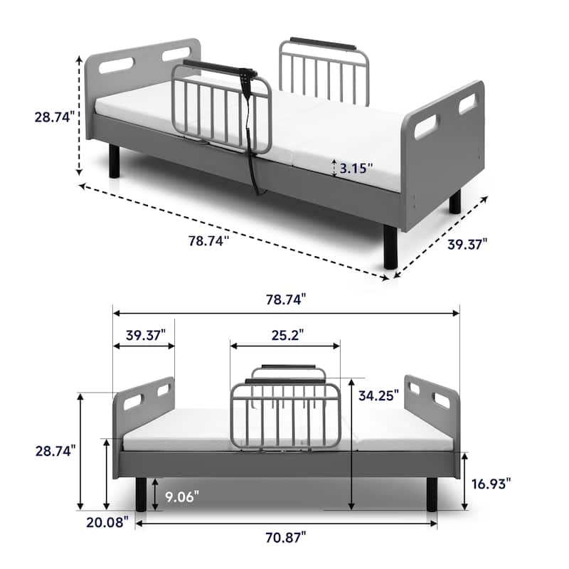 Electric Adjustable Hospital Bed for Home Use with Wired Remote Control, Memory Foam Folding Mattress & Safety Side Rails