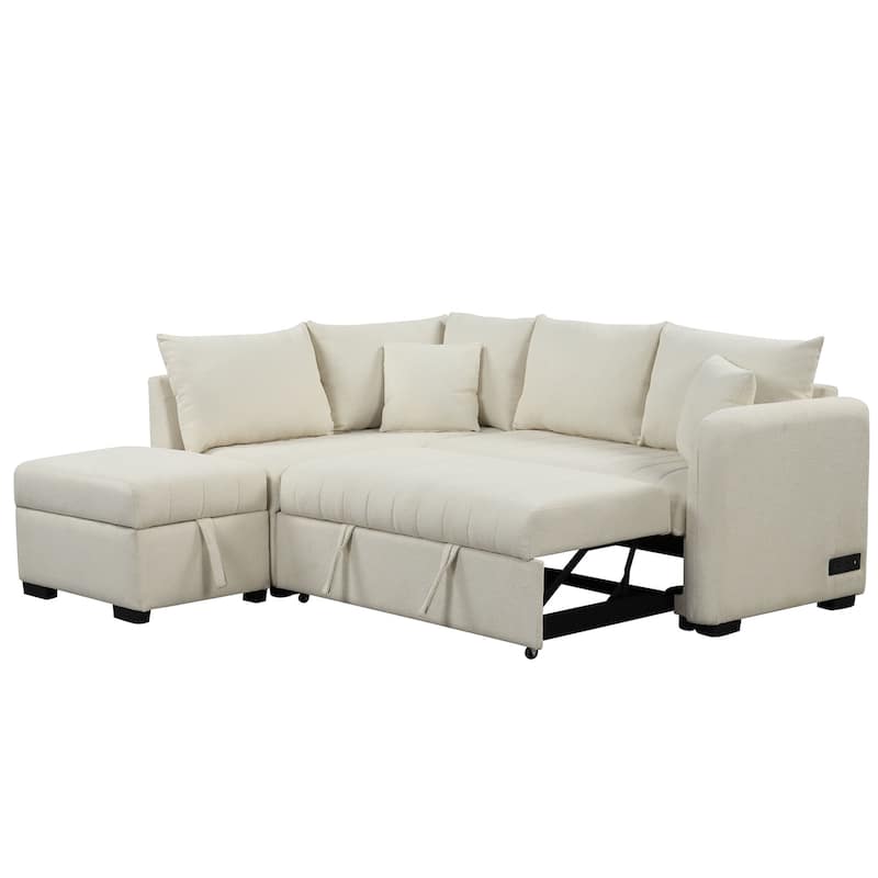 Beige 82.6" L-Shaped 5-Seater Sleeper Sofa with Pull-Out Bed, Storage Ottoman, USB Ports, and Power Outlets