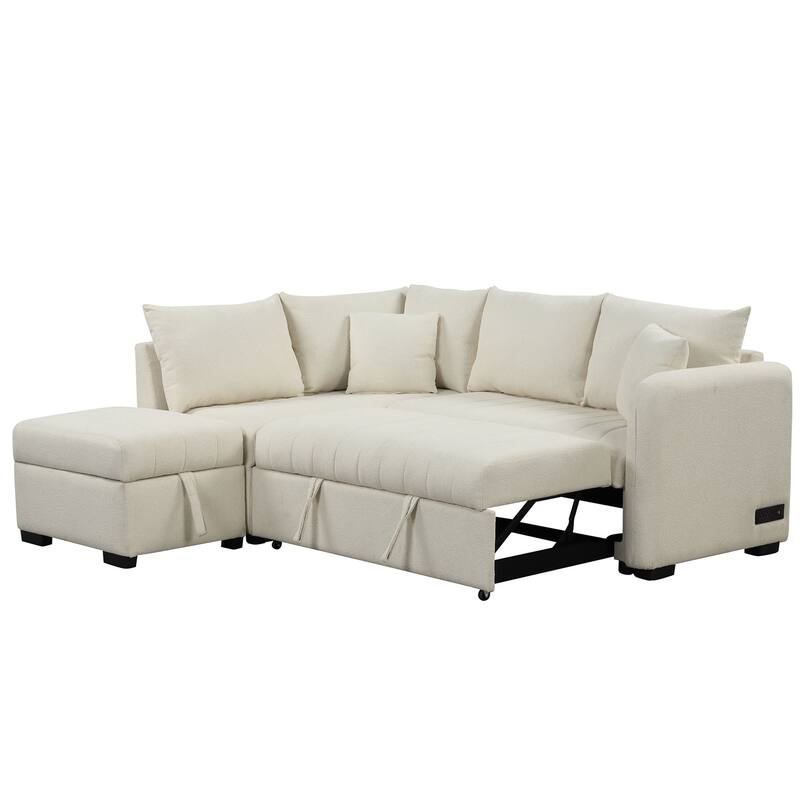 L-Shaped Sectional Sofa with Pull Out Sofa Bed & Storage Ottoman, Convertible Sleeper Sofa with USB Ports & Power Sockets