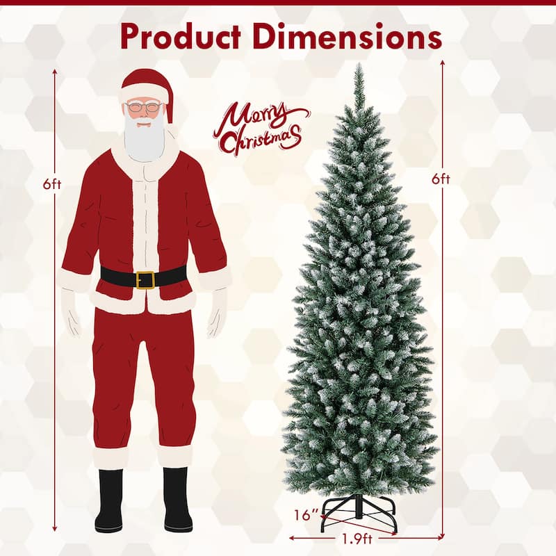 Gymax 6 FT Pre-Lit Artificial Christmas Tree Hinged Slim Pencil Xmas