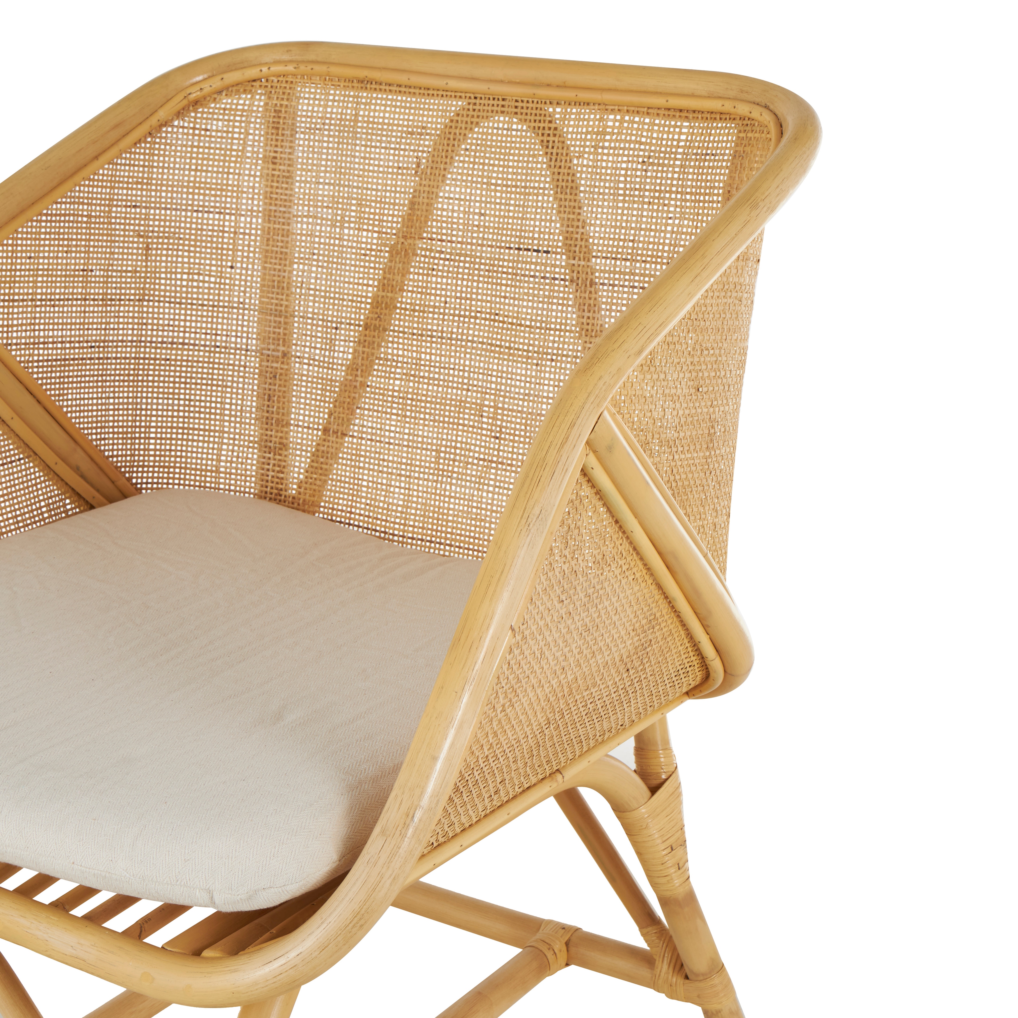 Light Brown Rattan Woven Squared Living Room Accent Chair with White Fabric Cushion