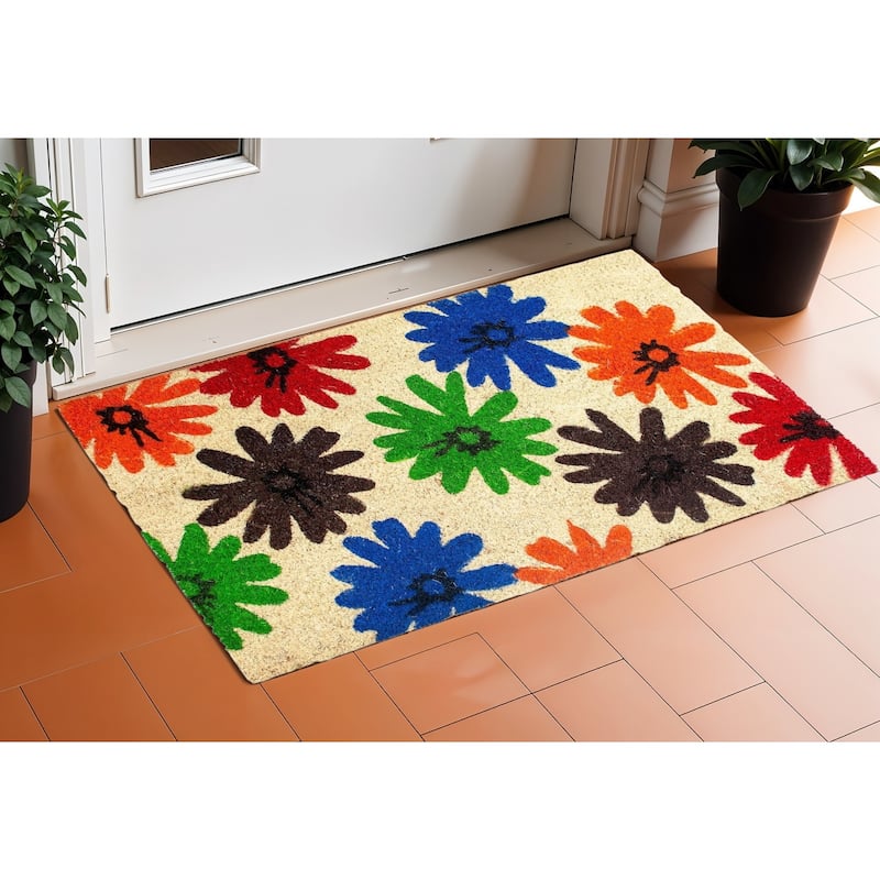 HomeRoots 17" X 29" Natural Blue Green And Orange Floral Outdoor Coir Door Mat - 17' X '29 - 17' X '29