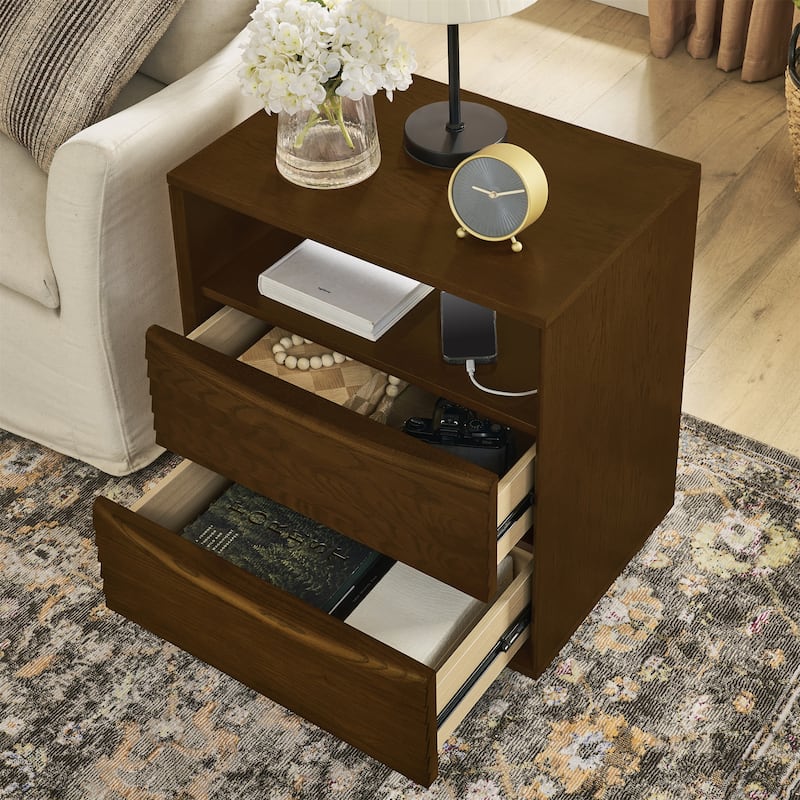 Modern Nightstand with Charging Station,Outlet Hole and 2 Drawers