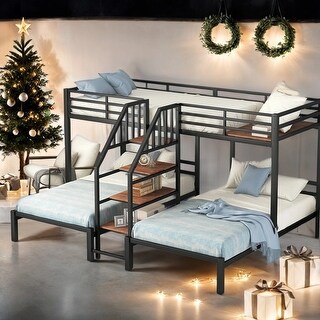 Twin over Twin&Twin Triple Bunk Bed With Shelves Staircase for Bedroom