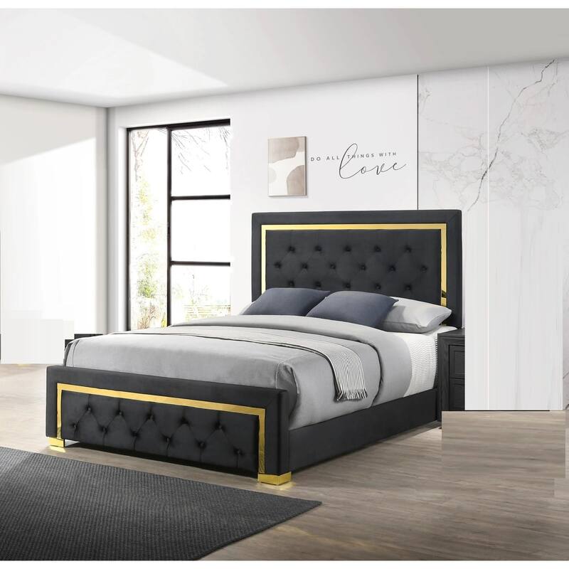 Queen Size Fabric Upholstered Panel Bed with Gold Accent Legs and Button-Tufted Headboard