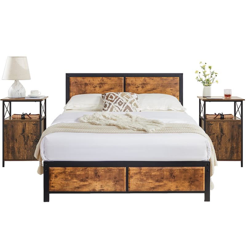Javlergo Industrial 3-Piece Bedroom Set with Platform Bed Frame and Set of 2 Nightstands, Brown - Full