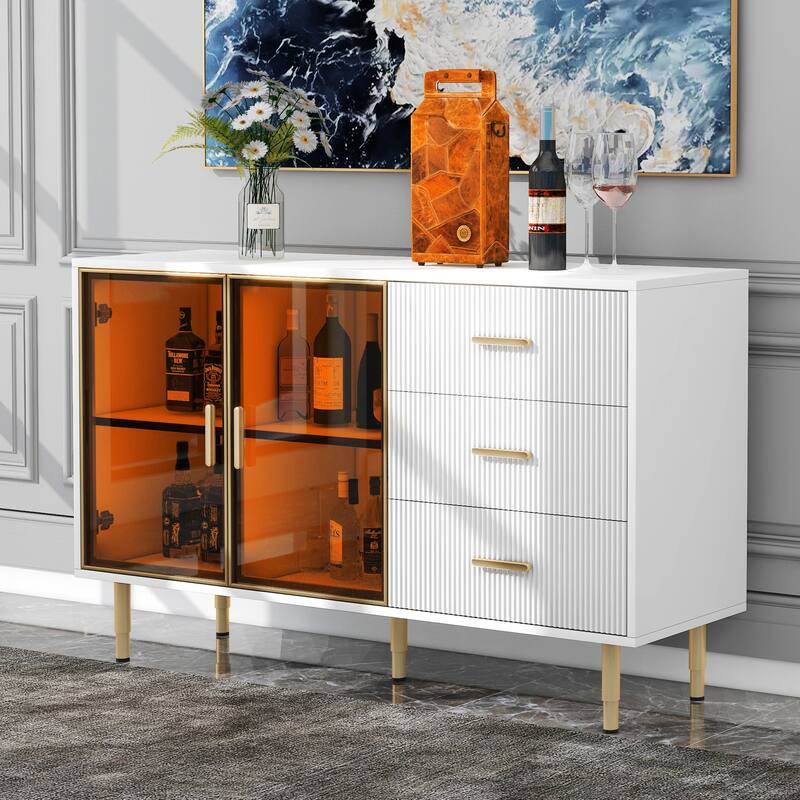 Luxury Storage Cabinet with Marble Finish, Gold Legs & Tempered Glass Doors for Modern Living Spaces