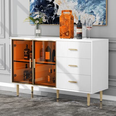Modern Sideboard with Marble Sticker Top, Amber Glass Doors, Adjustable Shelves, Gold Metal Legs and 3 Drawers, White