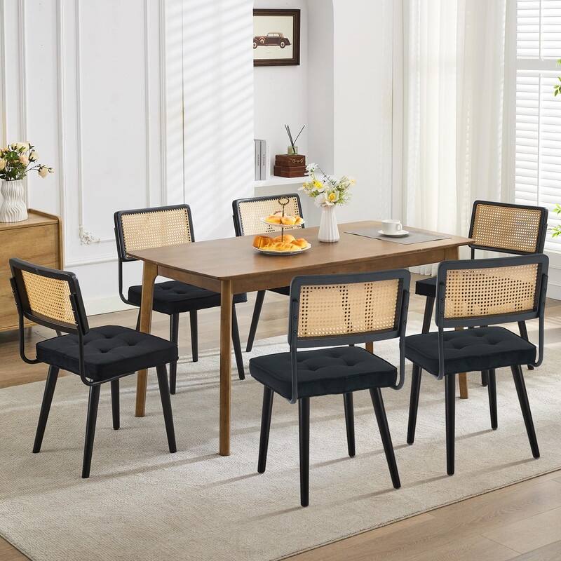 Mid-Century Modern Upholstered Dining Chair with Checkered Hollow Rattan Backrest and Padded Cushion