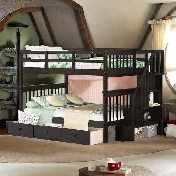slide 2 of 14, Stairway Full-Over-Full Bunk Bed with Drawer, Storage and Guard Rail for Bedroom, Versatility Galore, Espresso Espresso