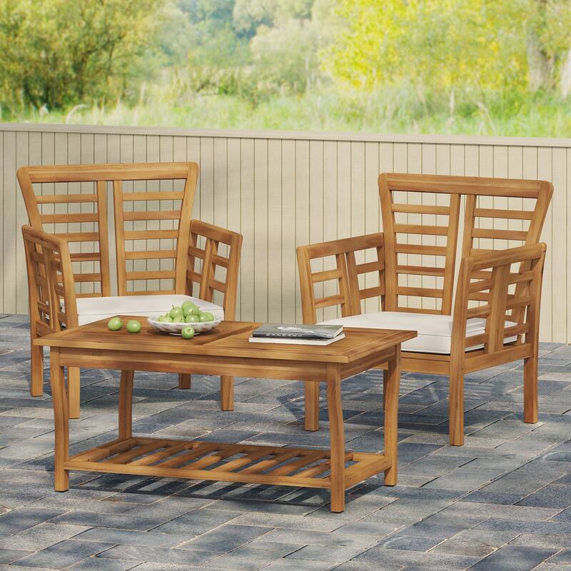 Caydon Acacia Wood Outdoor Club Chair and Coffee Table Set with Cushions by Christopher Knight Home - Brown + Cream