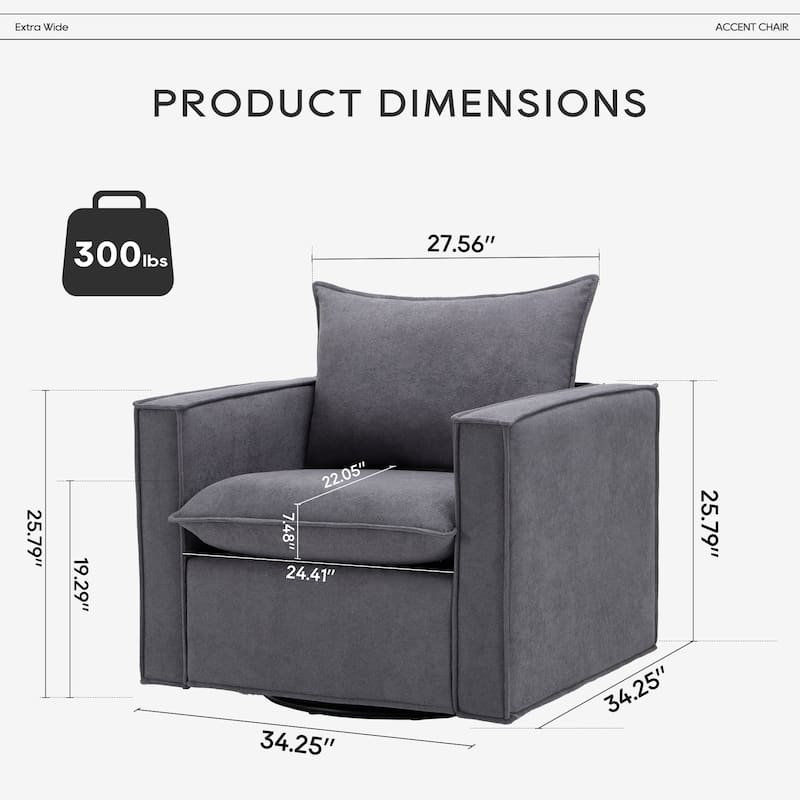 Swivel Accent Chair, 34'' Wide Upholstered Arm Chair with Plump Back Pillow, Modern Sofa Living Room Chair for Bedroom, Corner