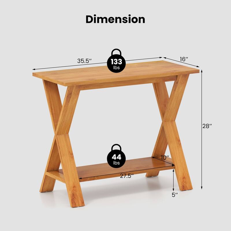 35.5" Teak Wood Console Table with Storage Shelf and X-Cross Legs for Living Room or Bathroom - 35.5" x 16" x 28"