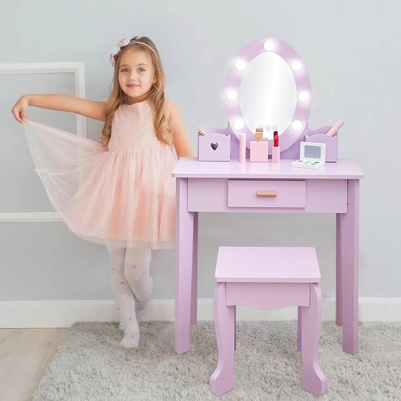 Toddler Lighted Mirror Vanity and Stool, Makeup Play Table for Girls Best Gift