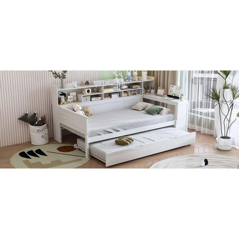 Twin Size Daybed with Storage Shelves, Trundle Bed, and Study Desk