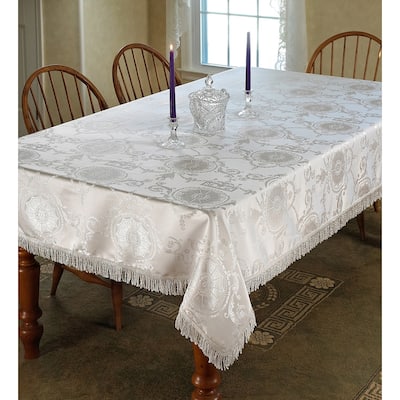 Violet Linen Prestige Medallion Damask Pattern, Polyester Jacquard, with Fringes, Tablecloth