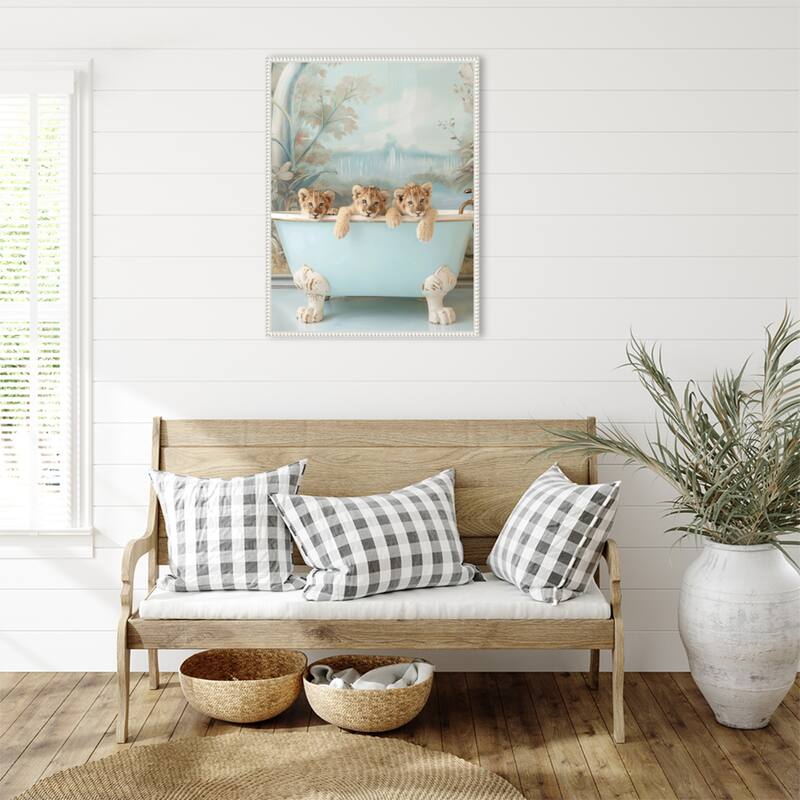 Blue Lagoon Lion Cubs by Niky Rahner Framed Canvas Wall Art
