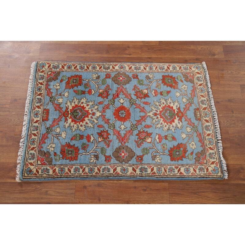 Light Blue Kazak Oriental Foyer Rug Hand-Knotted Floral Wool Carpet - 2'0" x 2'11"