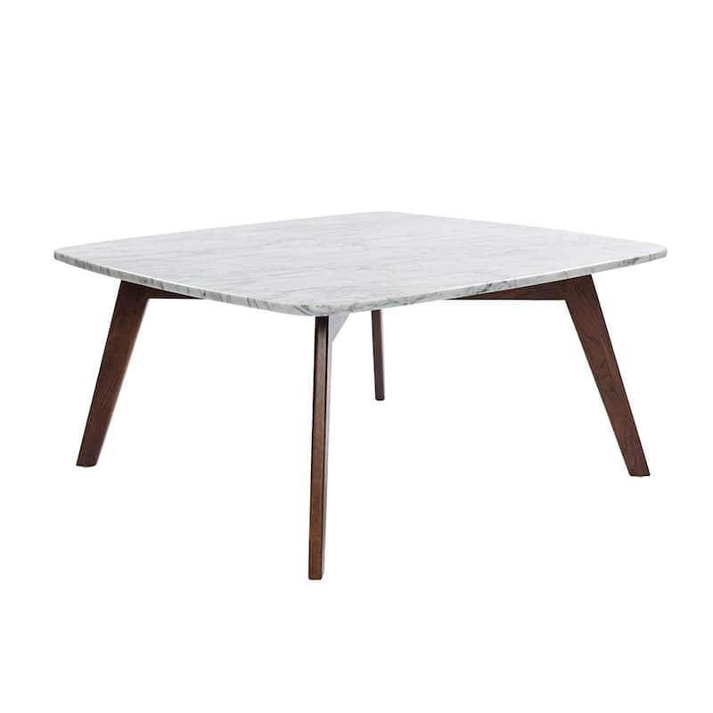 Vezzana 31" Square Italian Carrara White Marble Coffee Table with Walnut Legs
