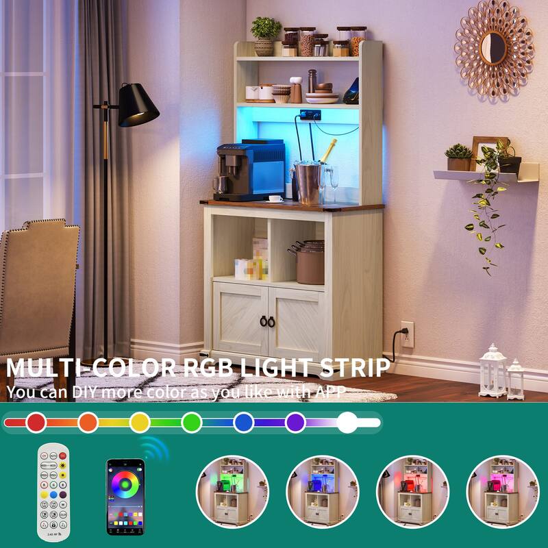 Moasis 61" Tall Bakers Rack Cabinet Microwave Stand with AC Outlets and USB Ports LED Lights