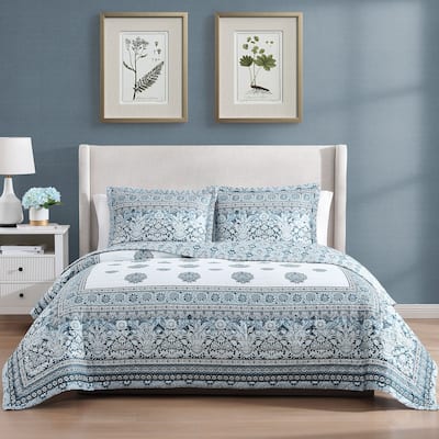 Bebejan Aquamarine Medallion 3 Piece Reversible Quilted Coverlet Set