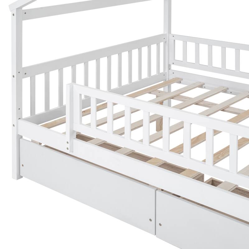 Full Size White Wooden House Bed with Two Drawers, Solid Pine Construction