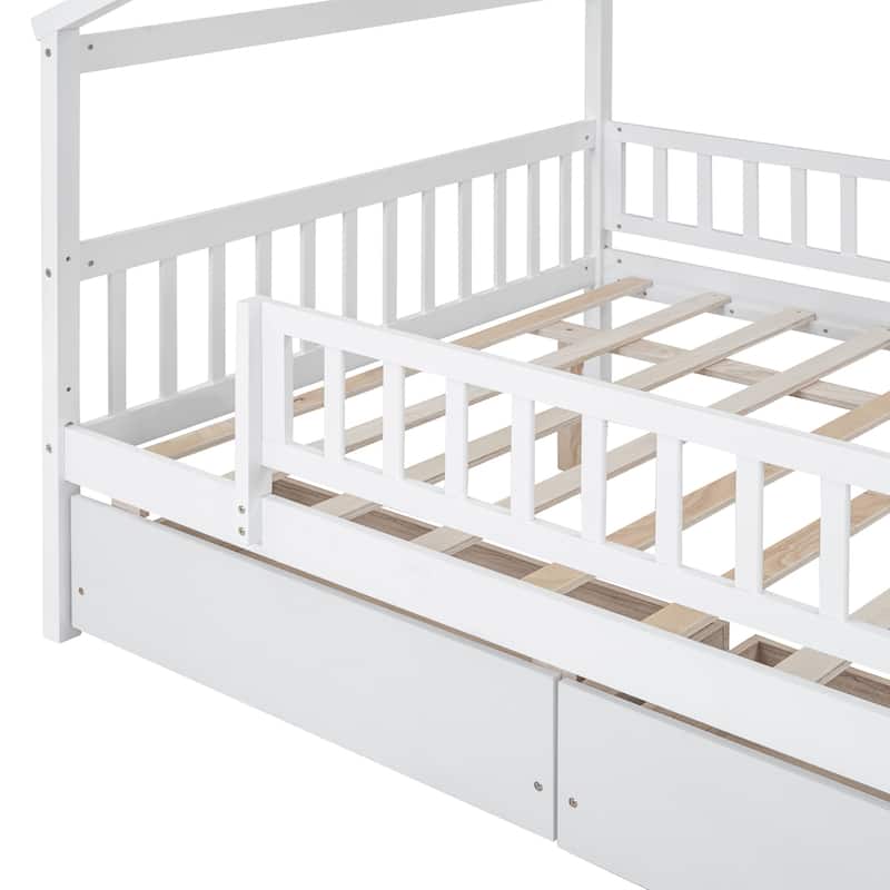 Wooden Full Size Creativity House Bed with 2 Storage Drawers, Solid Pinewood Daybed Frame with Roof Design, Wood Slats Support