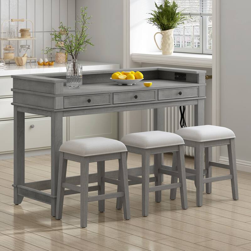 4-Piece Bar Dining Table Set with Stools & 3 Storage Drawers, Counter Height Kitchen Table Set with USB Charging Ports - LIGHT GREY