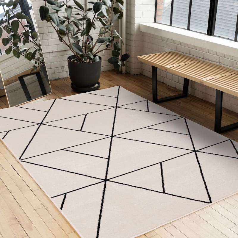 White Black Modern Geometric Trellis Design Rug