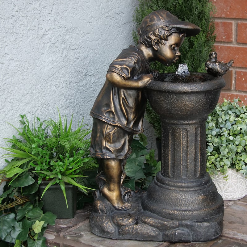 Alpine Corporation Outdoor Floor Joyful Boy and Girl Drinking Water Fountain, Playful Garden Waterfall with LED Lights