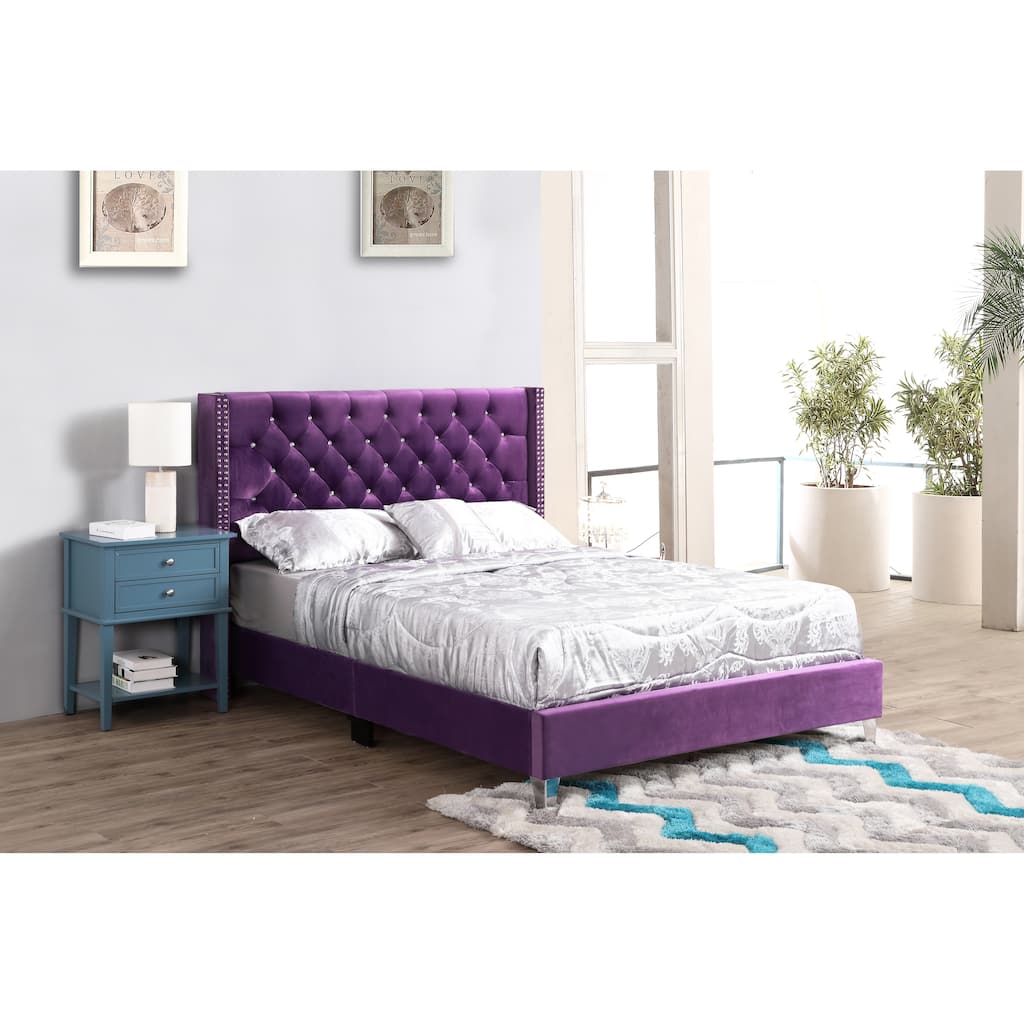 Purple Queen Bed with Storage and Upholstered Fabric