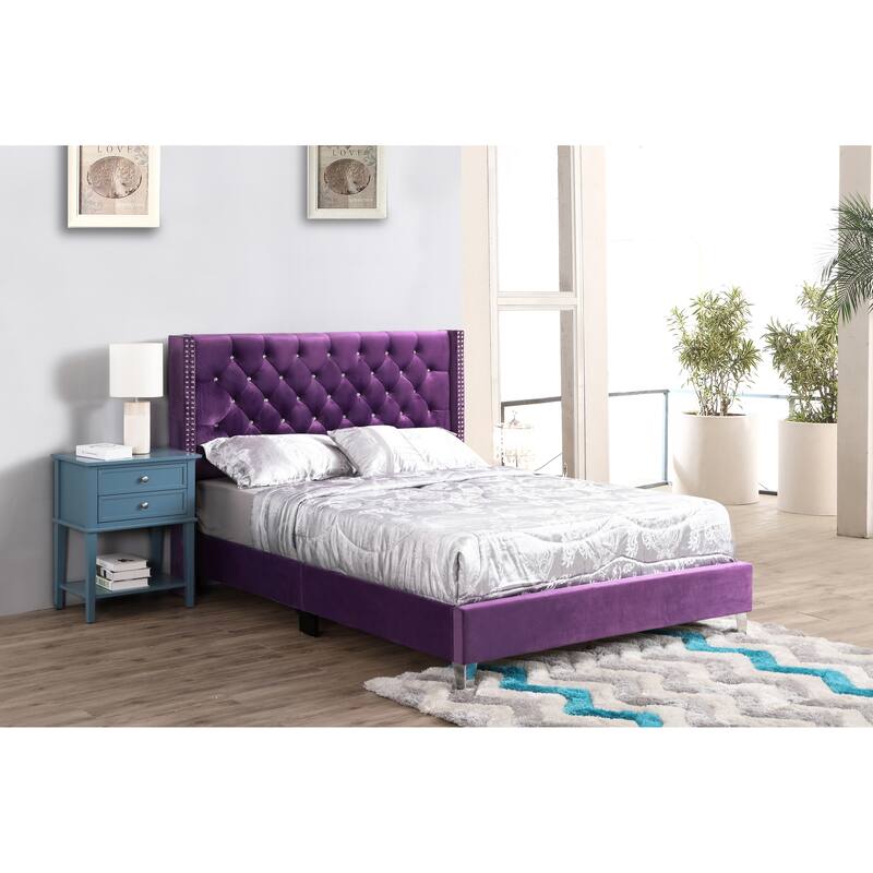 Queen Size Velvet Platform Bed with Foam-Padded Headboard and Transitional Design