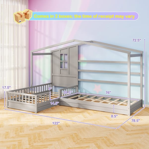 dimension image slide 0 of 2, L-Shaped Double Twin House Platform Beds with Full-Length Guardrails and Decorative Window