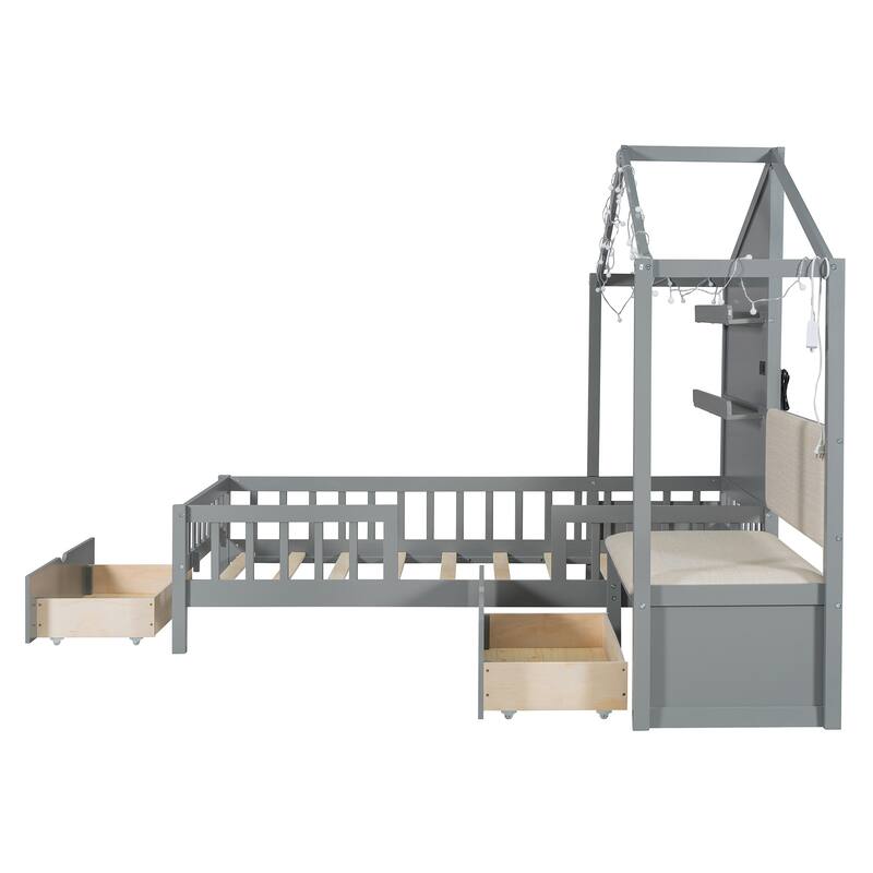 Twin Size House Bed with Upholstered Sofa, House Bed with Charging Station