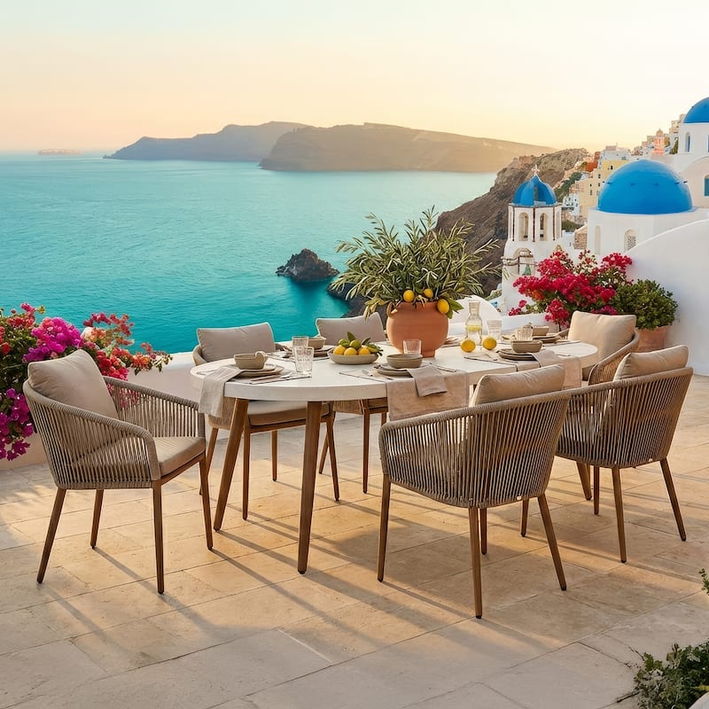 Yami Outdoor Dining Table, 80 Inch Oval Faux White Stone Top, Brown