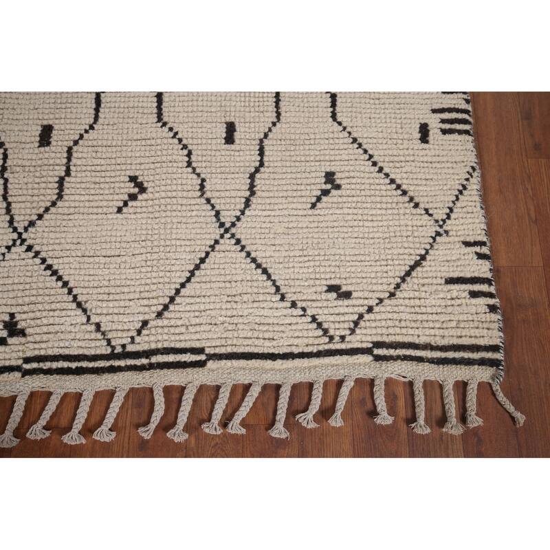 Trellis Moroccan Area Rug Hand-Knotted Oriental Beige Wool Carpet - 6'11"x 10'3"