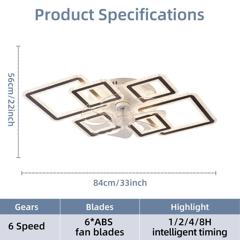 33-inchBlack Ceiling Fan with Lights Remote Control and APP Control, Dimmable with Remote 7 Blades 6 Speeds of Wind - Black