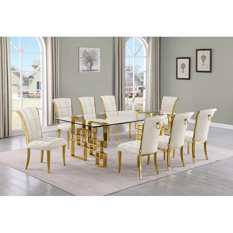 Best Quality Furniture D223/4-SC320-7 Dining Set with 95" 15mm Glass - 9-Piece - Cream / Gold