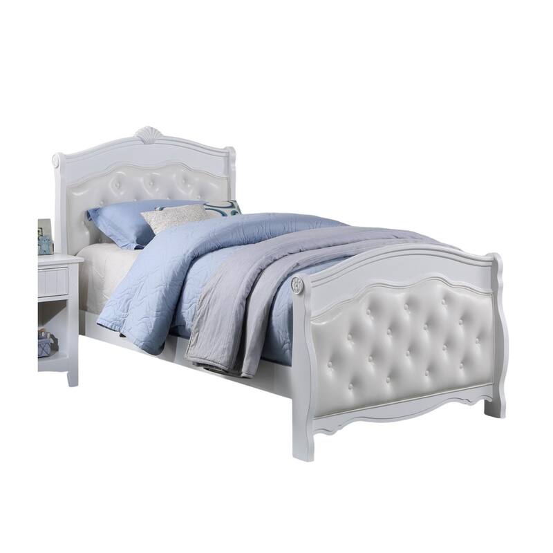 White Twin Size Bed Youth Bedroom Furniture White Faux Leather Headboard Footboard Plywood 1pc Bedframe