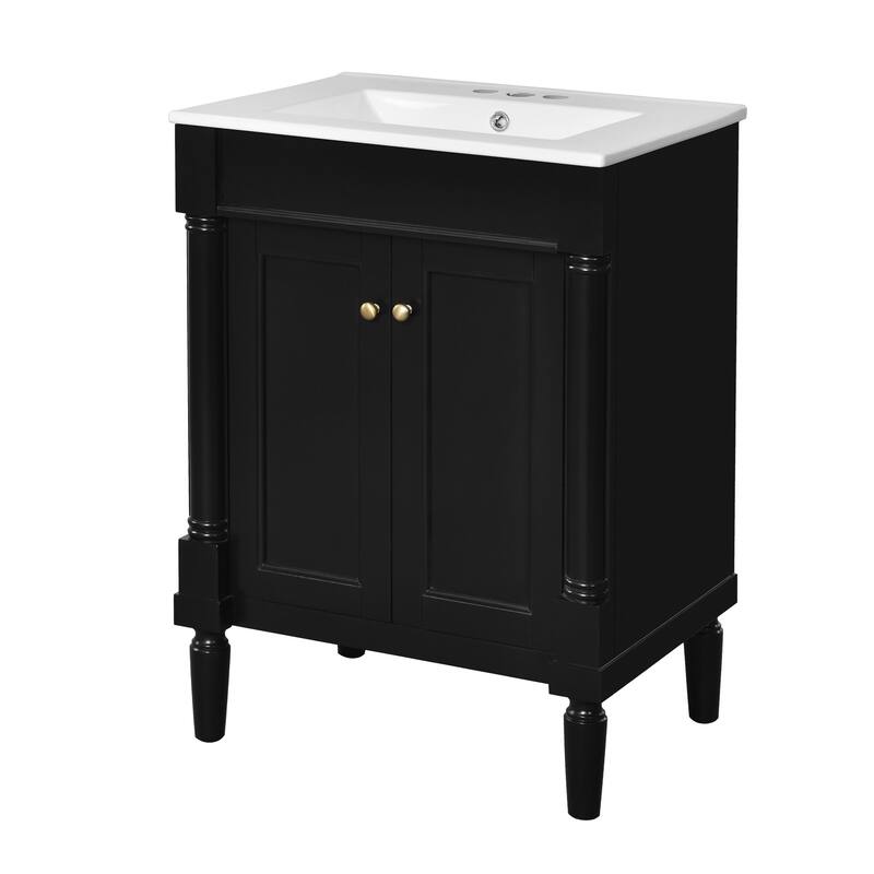 24 Inch Bathroom Vanity with Ceramic Top Sink, Freestanding Single Sink Vanity with Storage Shelves, Modern Style