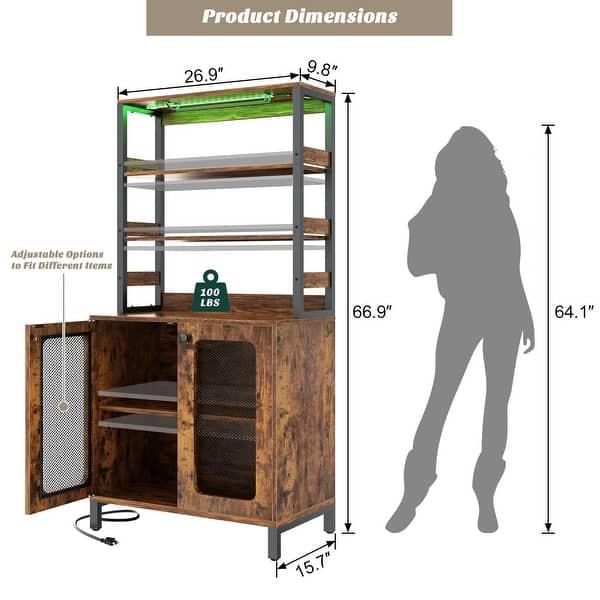 dimension image slide 1 of 5, 66.9'' Tall Modern Wine Cabinet Bar Cabinet with Wine Glasses Rack and LED Strip and Power Outlets